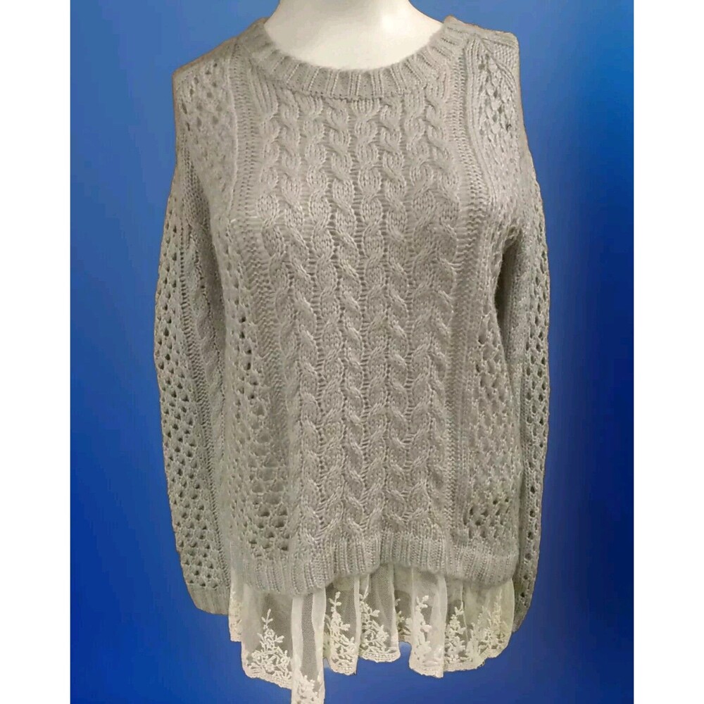 Pol Women Grey Cable Open Knit Ivory‎ Lace Floral Hem Sweater Size M